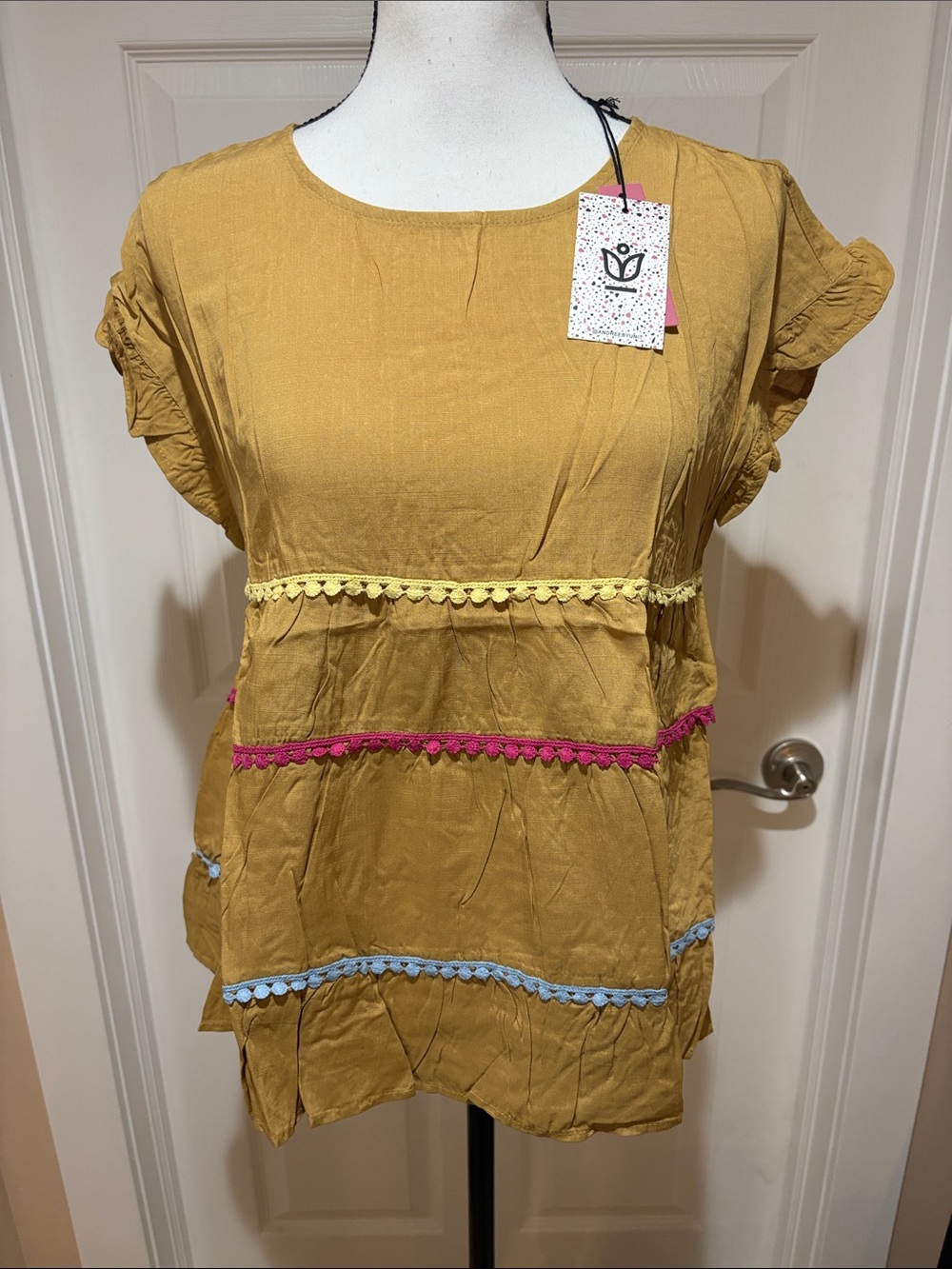 Mustard Yellow Short Sleeve Women’s Top with Decorative Trim